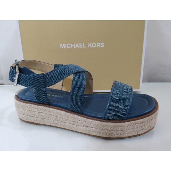 Michael Kors Lynn Espadrille Platform Wedge Sandals MK Logo Blue Size 7.5 - Picture 1 of 7